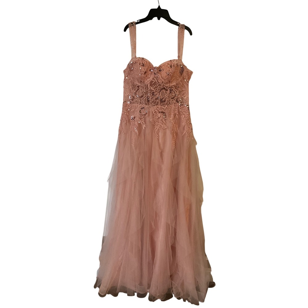 Pink Floral Embroidered Sequin Tulle Formal Gown size 15 stain check pics